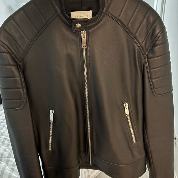 Sandro Black Leather Jacket with Quilted Shoulders - Picture 2 of 7